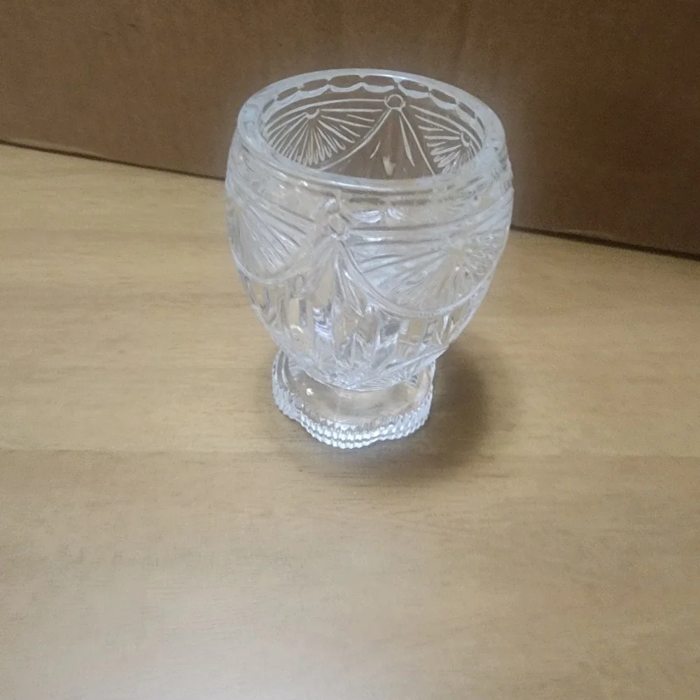 Vintage Crystal Clear Industries Fan Pattern Footed Votive Glass Candleholder